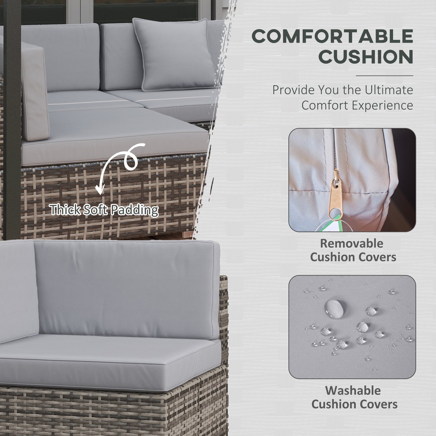 Outsunny 7 Pcs PE Rattan Garden Furniture Set w/ Thick Padded Cushion, Patio Corner Sofa Sets w/ Glass Coffee Table & Pillows, Mixed Grey