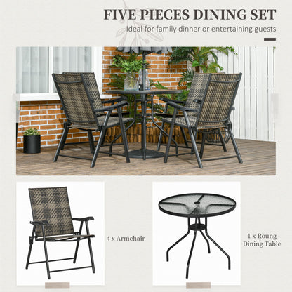 Outsunny 5 Pieces PE Rattan Table and Chairs, Round Glass Top Table with Umbrella Hole, Folding Armchair for Outdoor & Garden, Mixed Grey | Chahine & Milad UK