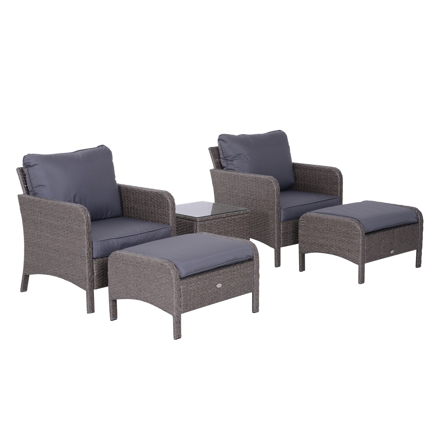 Outsunny 2 Seater Rattan Garden Furniture Set Wicker Weave Sofa Chair with Footstool and Coffee Table Thick Cushions Dark Grey