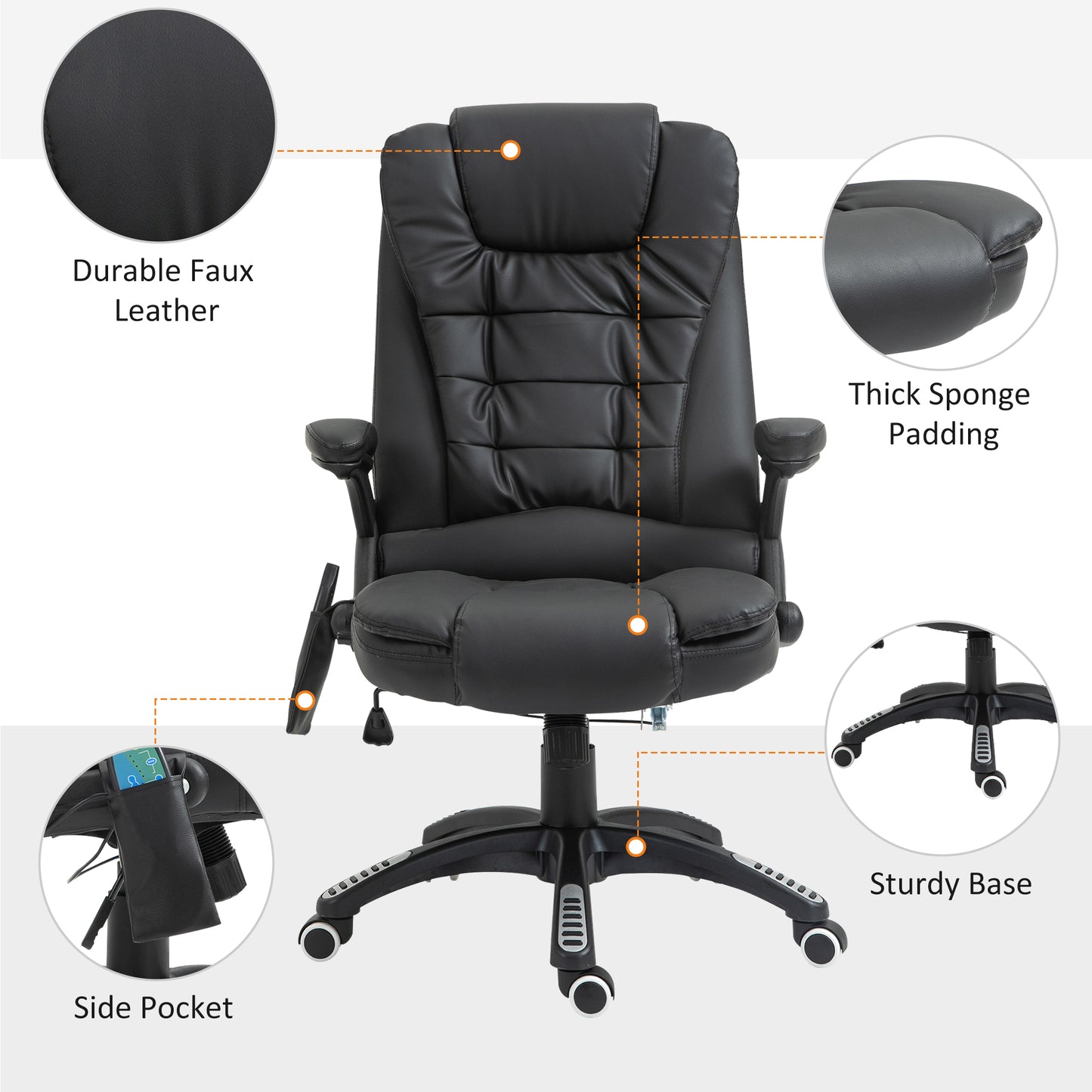 HOMCOM Massage Chair with Heat, High Back PU Leather Executive Office Chair W/ Tilt and Reclining Function, Black