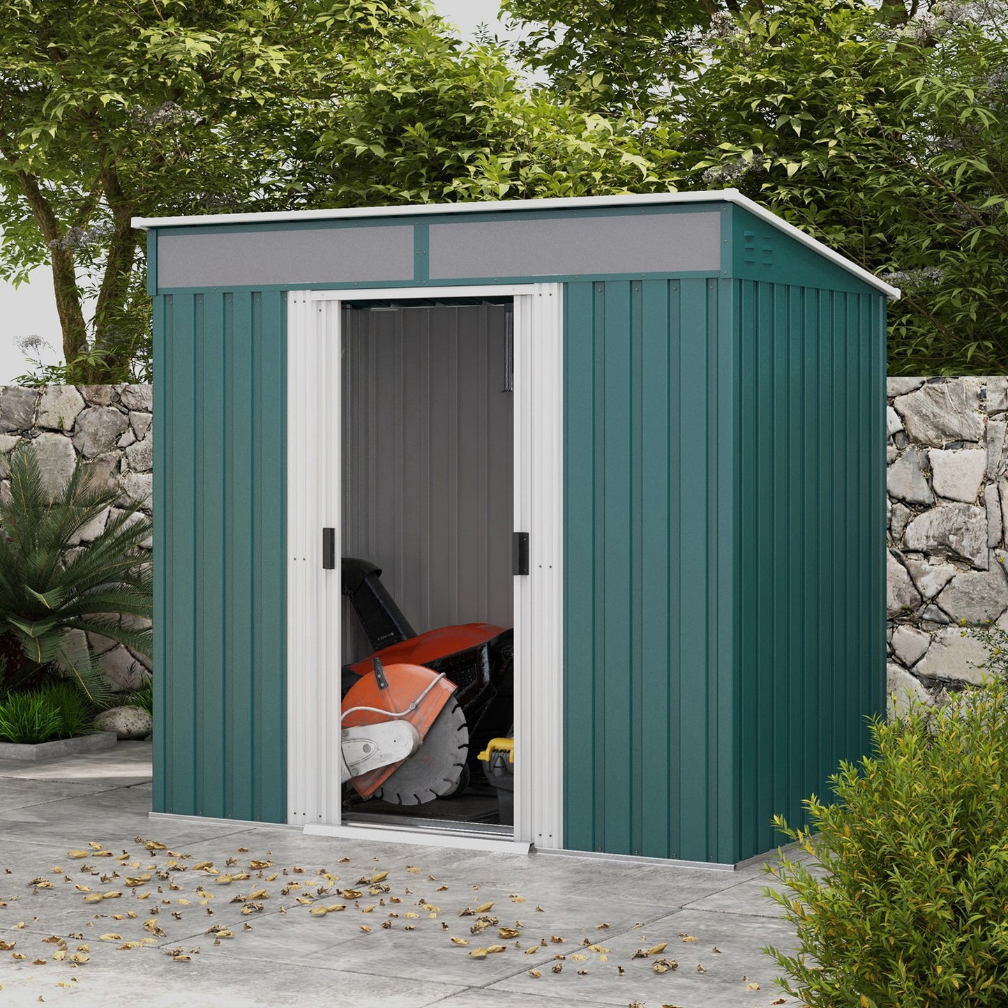 Outsunny 6.5 x 4FT Galvanised Metal Shed with Foundation, Lockable Tool Garden Shed with Double Sliding Doors and 2 Vents, Green