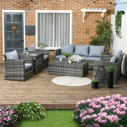 Outsunny 6 Piece Outdoor Rattan Wicker Sofa Set Sectional Patio Conversation Furniture Set w/ Storage Table & Cushion Mixed Grey