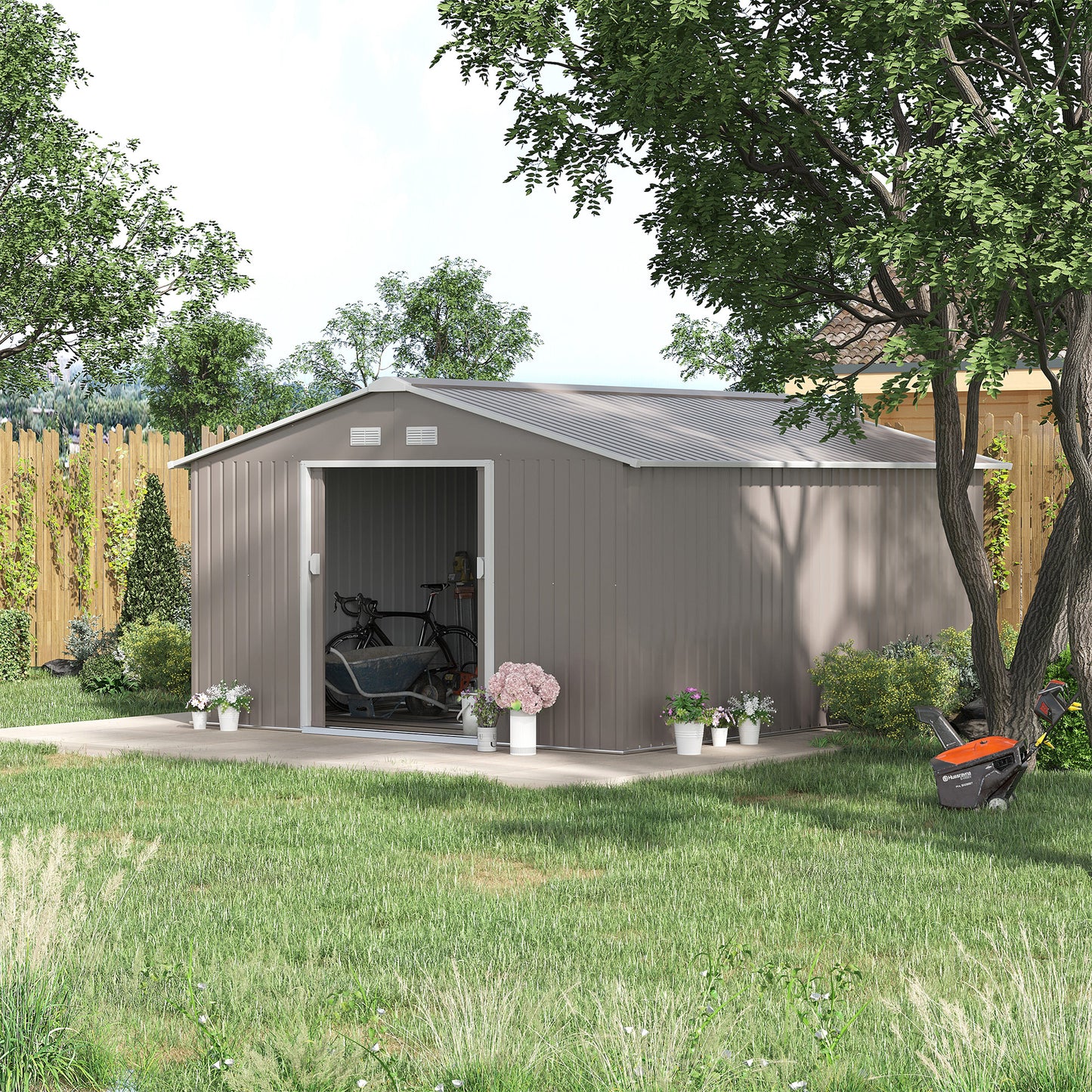 Outsunny 13 x 11ft Garden Metal Storage Shed Outdoor Storage Shed with Foundation Ventilation & Doors, Light Grey | Chahine & Milad UK