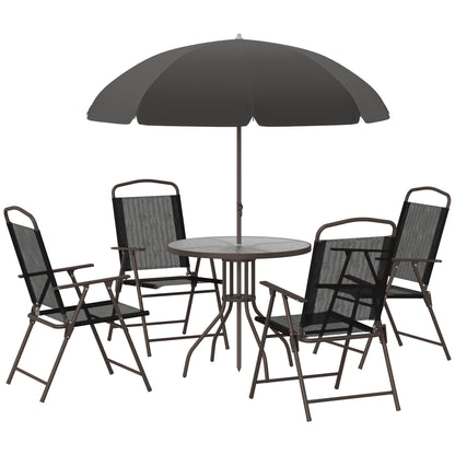 Outsunny 6 PCs Garden Patio Furniture Set Bistro Set Texteline Folding Chairs +Table +Parasol (Black)