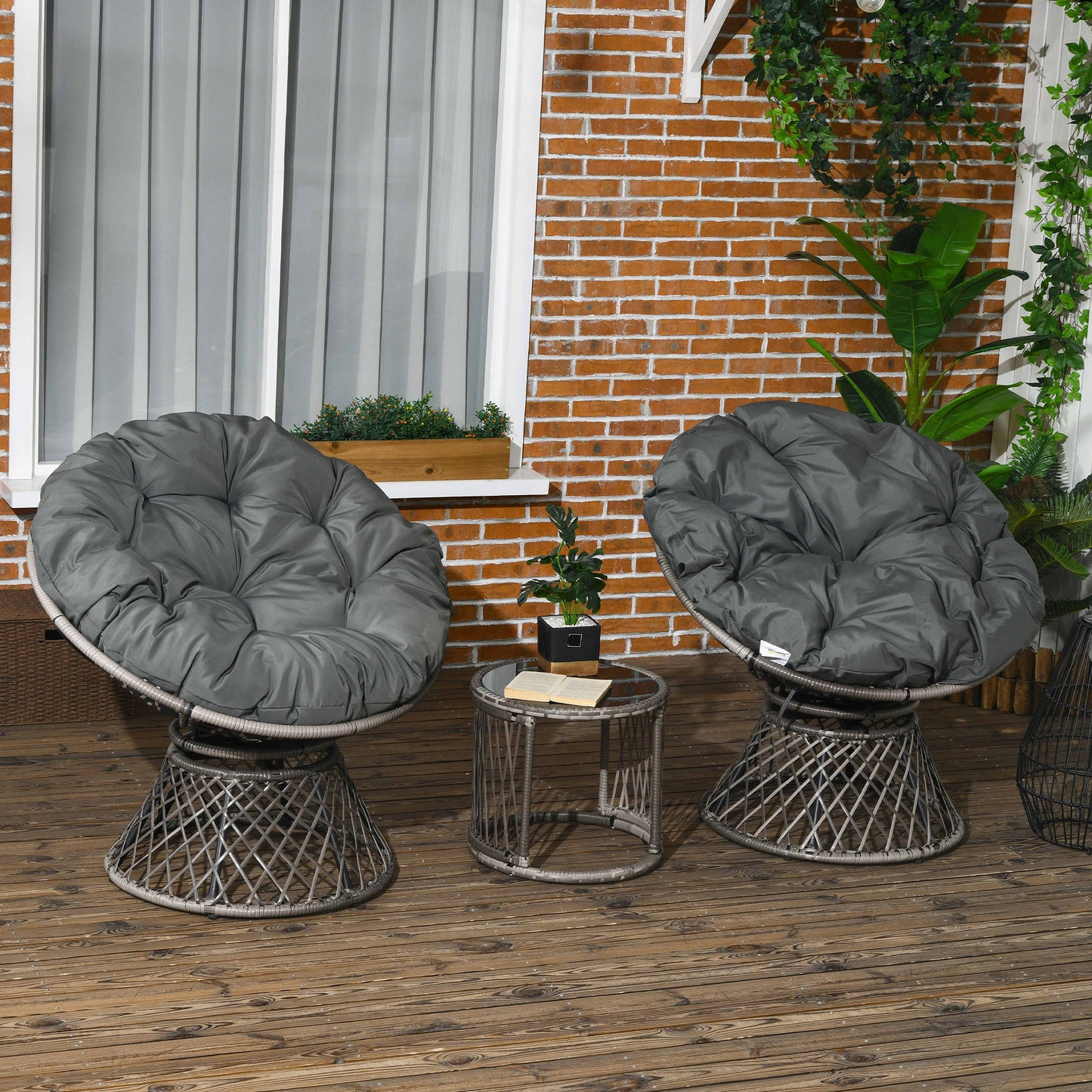 Outsunny Three-Piece Rattan Garden Moon Chair Set - Grey