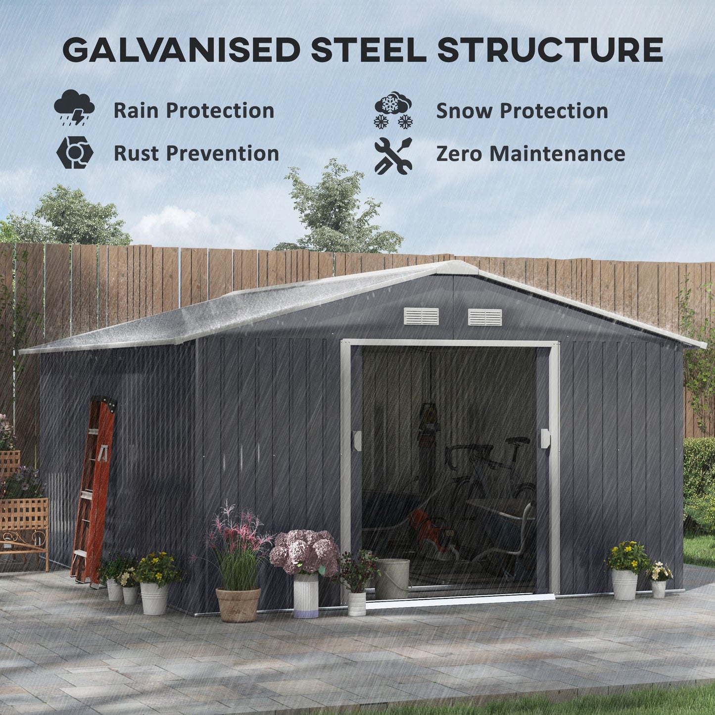 Outsunny 13 x 11ft Foundation Ventilation Steel Outdoor Garden Shed Grey