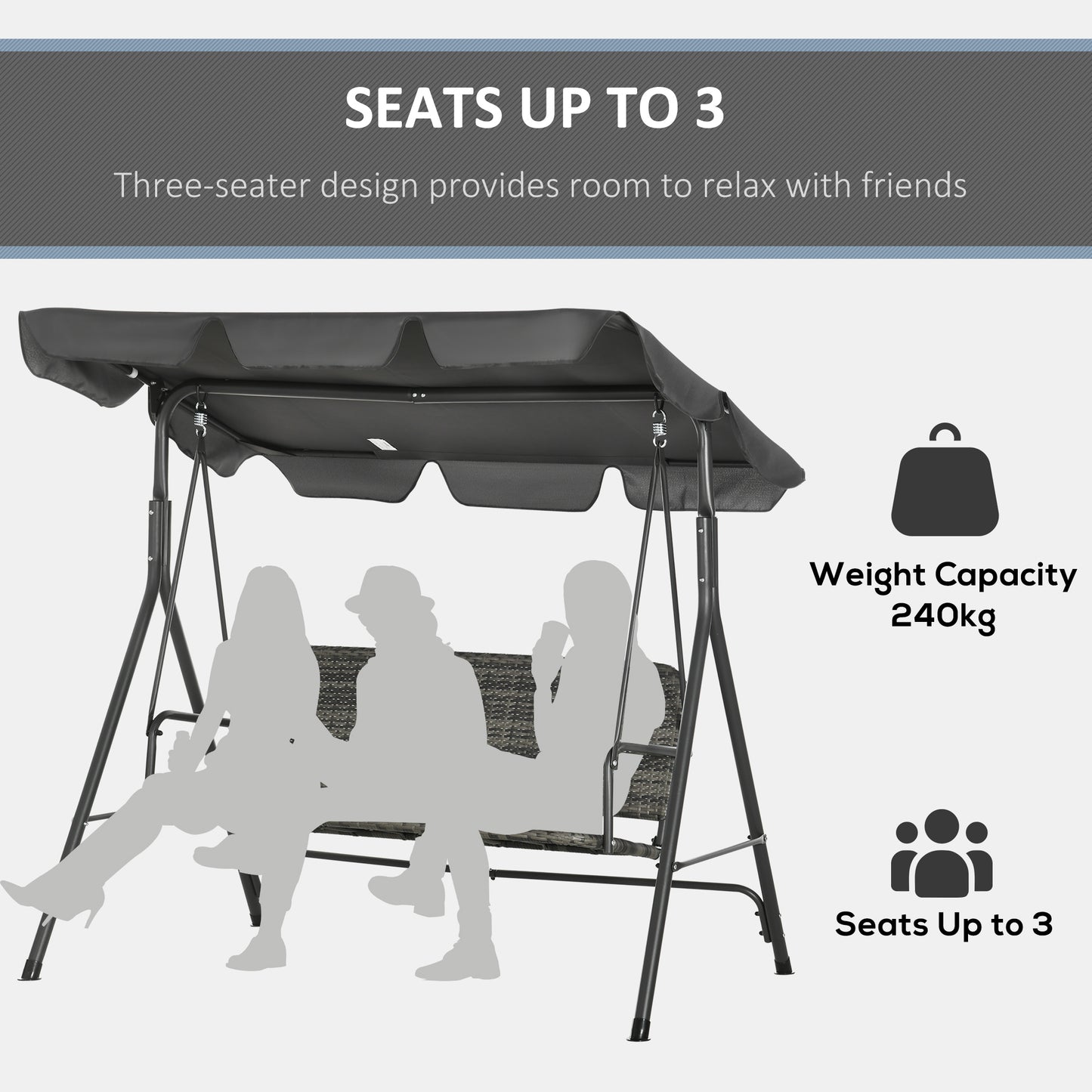 Outsunny 3-person Outdoor PE Rattan Swing Chair, Patio Wicker Hanging Swing Bench with Steel Frame Stand & Adjustable Canopy, Grey