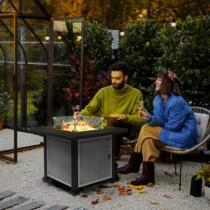 Outsunny Alfresco Ambiance: Rattan Gas Fire Pit Table, Smokeless with Glass Screen, Beads & Lid, Grey