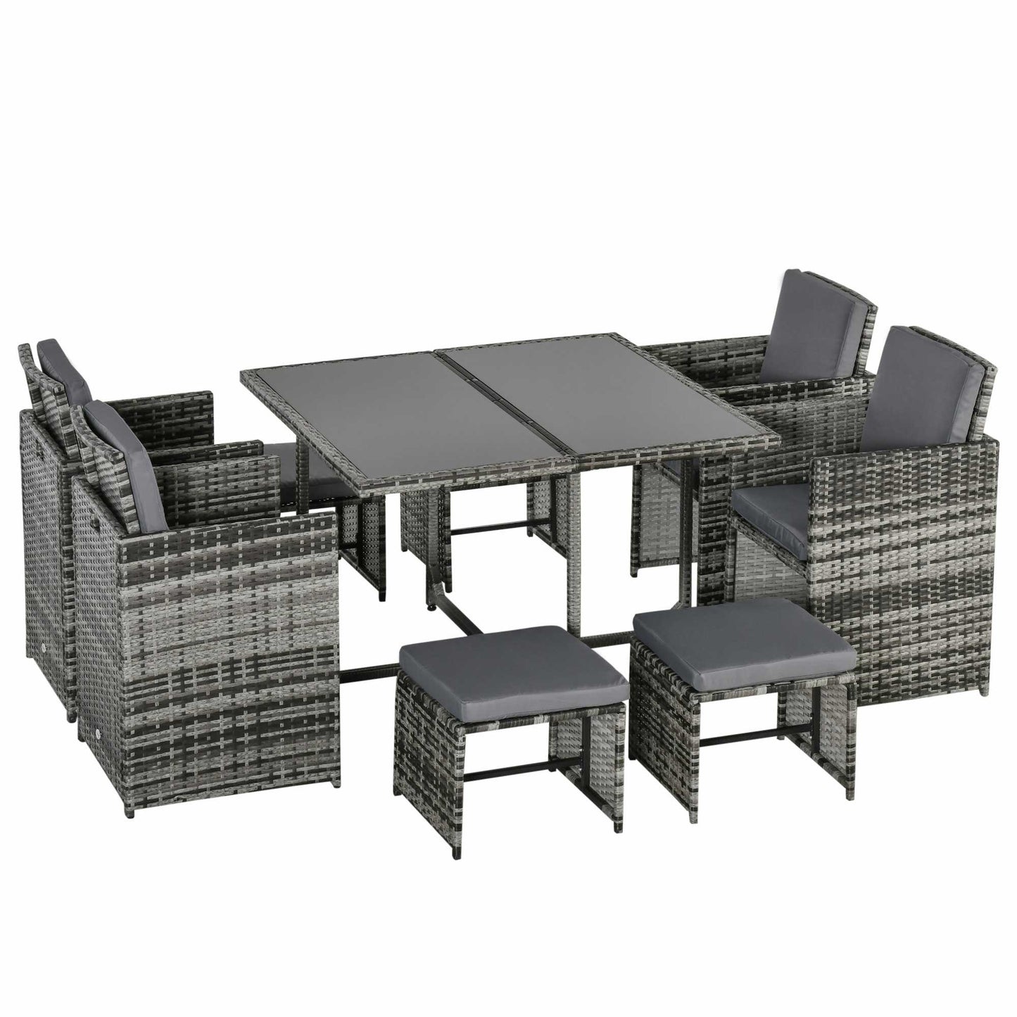 Outsunny 9PC Rattan Garden Furniture Outdoor Patio Dining Table Set Weave Wicker 8 Seater Stool Mixed Grey