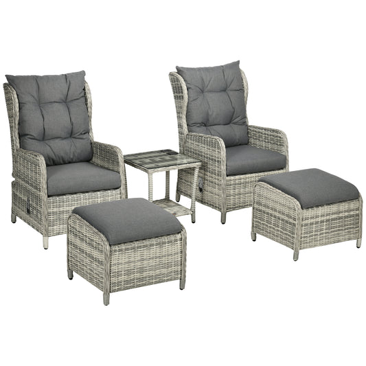 Outsunny 5 Pieces PE Rattan Sun Lounger Set, Outdoor Half-round Wicker Recliner Sofa Bed with Glass Top Two-tier Table and Footstools, Mixed Grey