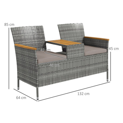 Outsunny Two-Seat Rattan Loveseat, with Wood-Top Middle Table - Grey