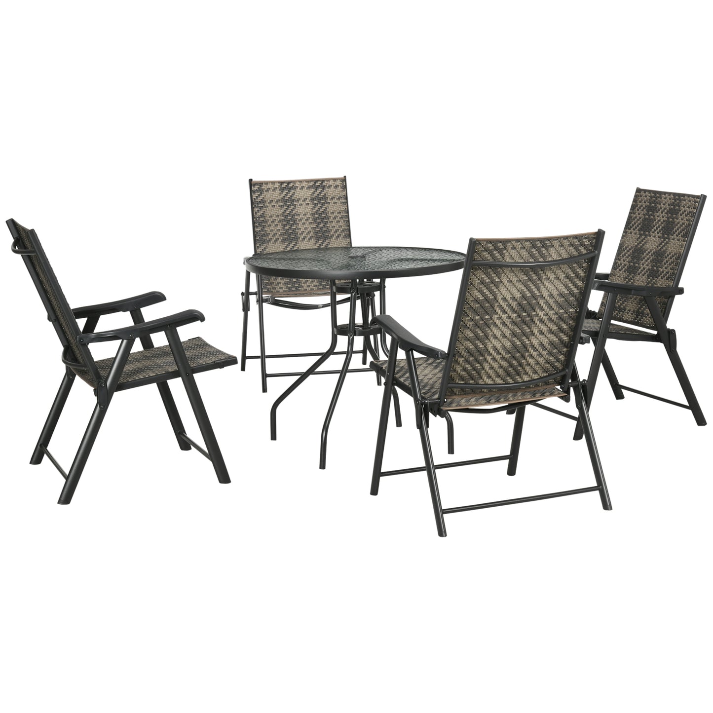 Outsunny 5 Pieces PE Rattan Table and Chairs, Round Glass Top Table with Umbrella Hole, Folding Armchair for Outdoor & Garden, Mixed Grey | Chahine & Milad UK