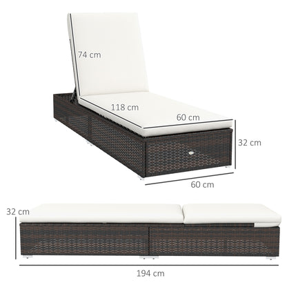 Outsunny Set of Two Rattan Sun Loungers, with Reclining Backs - Brown/Cream