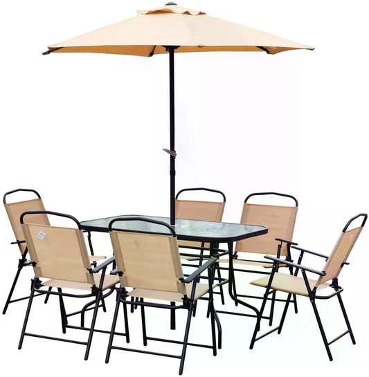 Outsunny 8 Pcs Dining Set W/Umbrella, Textilene-Beige