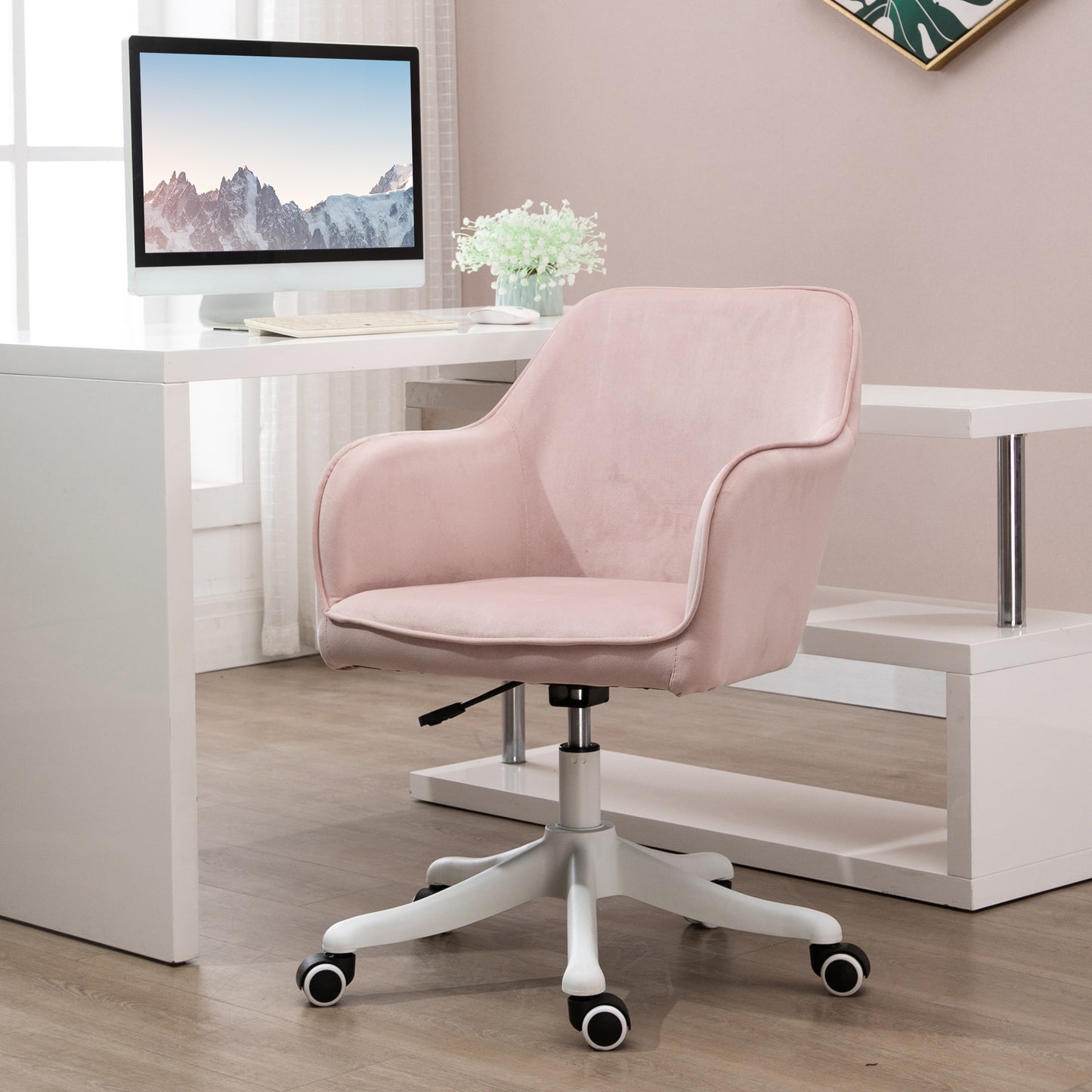 Vinsetto Velvet Style Office Chair with Rechargeable Electric Vibration Massage Lumbar Pillow, Wheels, Pink