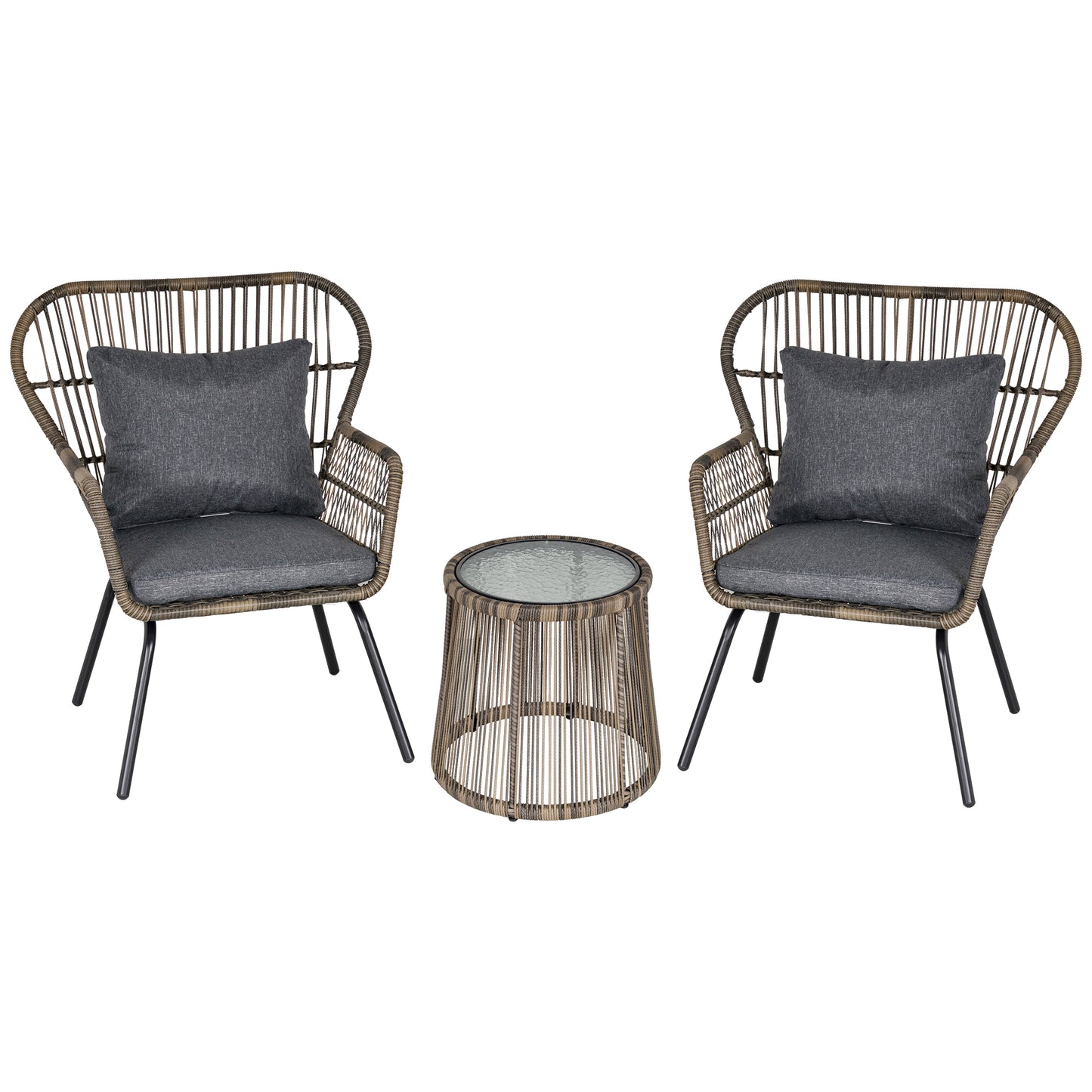 Outsunny 3 Piece PE Rattan Bristo Set with Cushions, Wing-Shaped Chairs & Adjustable Foot Pads, Grey | Chahine & Milad UK