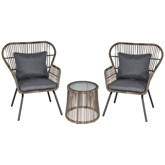 Outsunny 3 Piece PE Rattan Bristo Set with Cushions, Wing-Shaped Chairs & Adjustable Foot Pads, Grey | Chahine & Milad UK