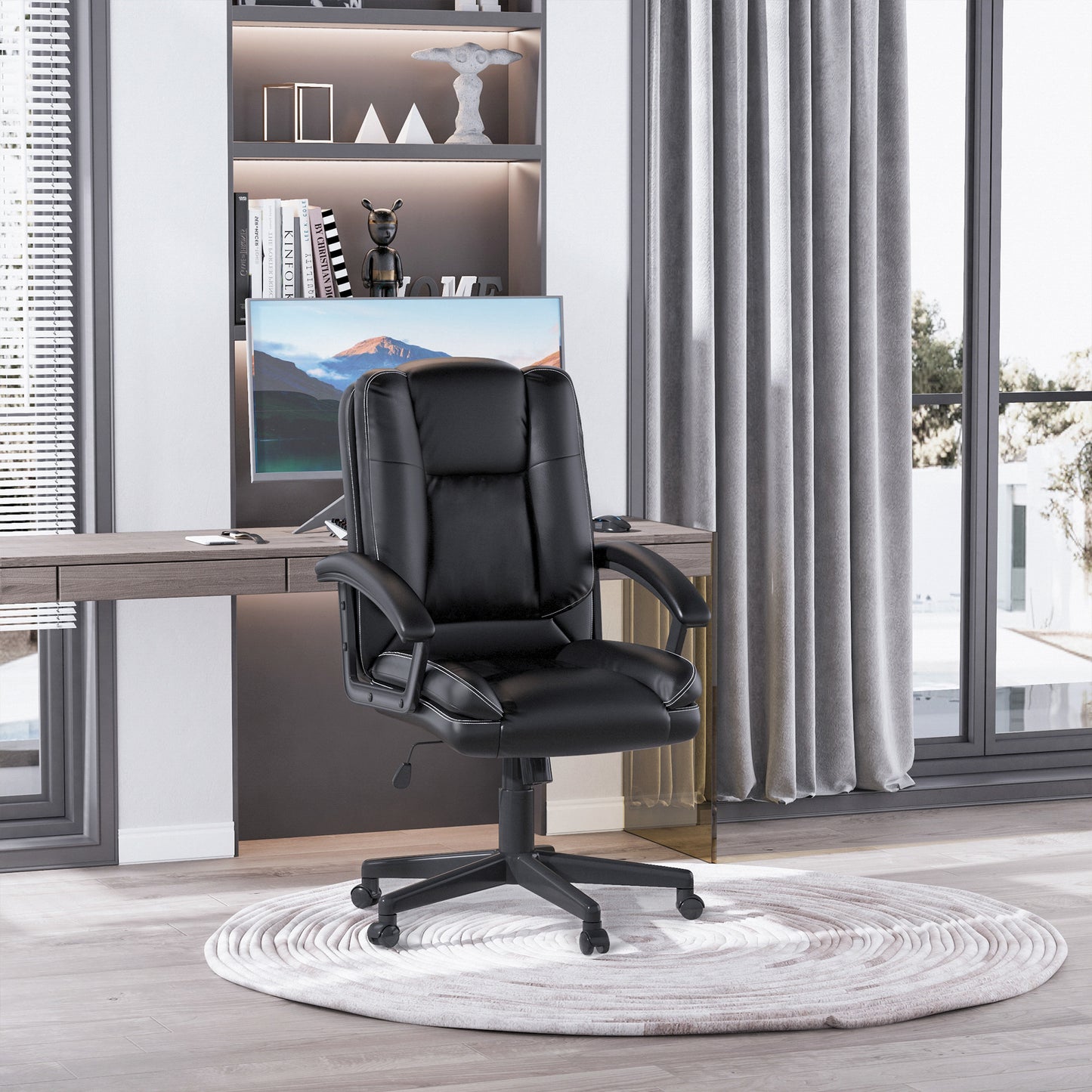 HOMCOM Executive Swivel Office Chair, Mid-Back Faux Leather Desk Chair with Double-Tier Padding, Arms, and Wheels, Black