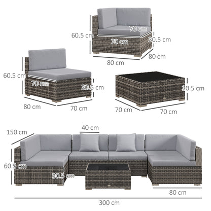 Outsunny 7 Pcs PE Rattan Garden Furniture Set w/ Thick Padded Cushion, Patio Corner Sofa Sets w/ Glass Coffee Table & Pillows, Mixed Grey