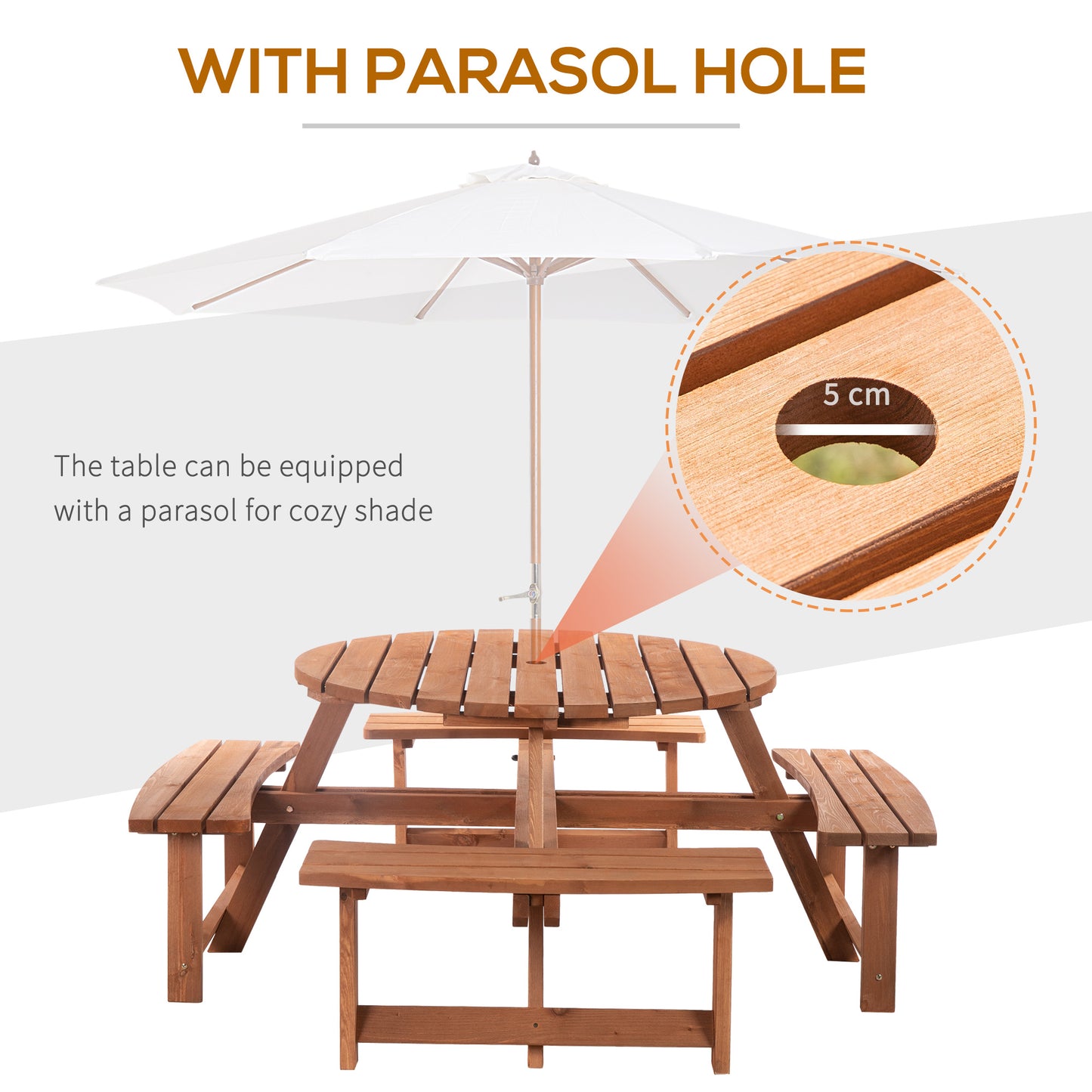 Outsunny 8 Seater Round Wooden Pub Bench Picnic Table Furniture Set for Outdoor Garden or Patio