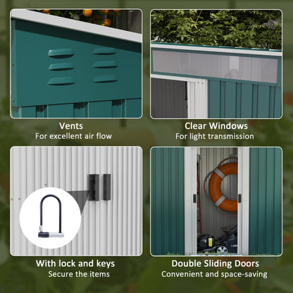 Outsunny 6.5 x 4FT Galvanised Metal Shed with Foundation, Lockable Tool Garden Shed with Double Sliding Doors and 2 Vents, Green