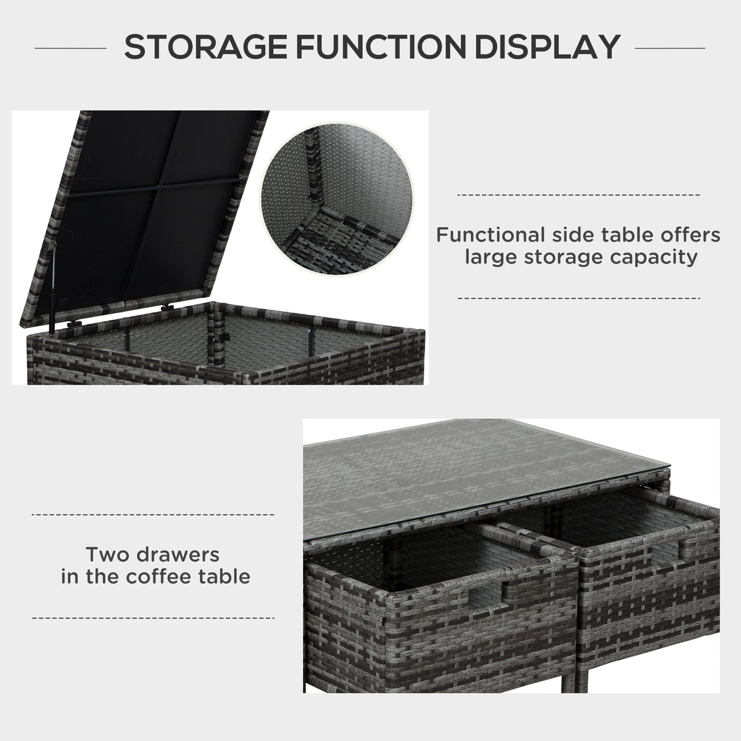 Outsunny 4-Seater Rattan Wicker Garden Furniture Patio Sofa Storage & Table Set w/ 2 Drawers Coffee Table,Great Cushioned 4 Seats Corner Sofa - Grey