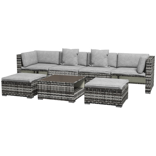 Outsunny 7-Piece Rattan Patio Furniture Set with Sofa, Footstools, Coffee Table, Side Shelves, Cushions, Pillows, Mixed Grey