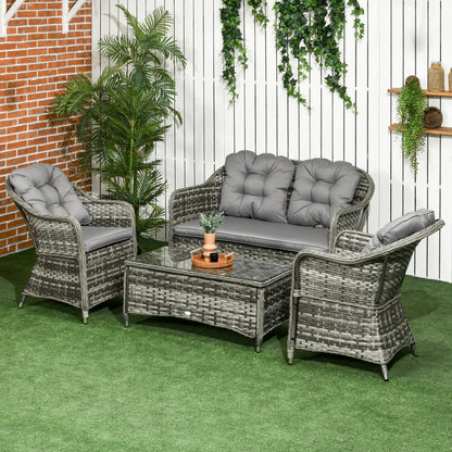 Outsunny 4 Pieces PE Rattan Wicker Sofa Set Outdoor Conservatory Furniture Lawn Patio Coffee Table w/ Cushion - Grey