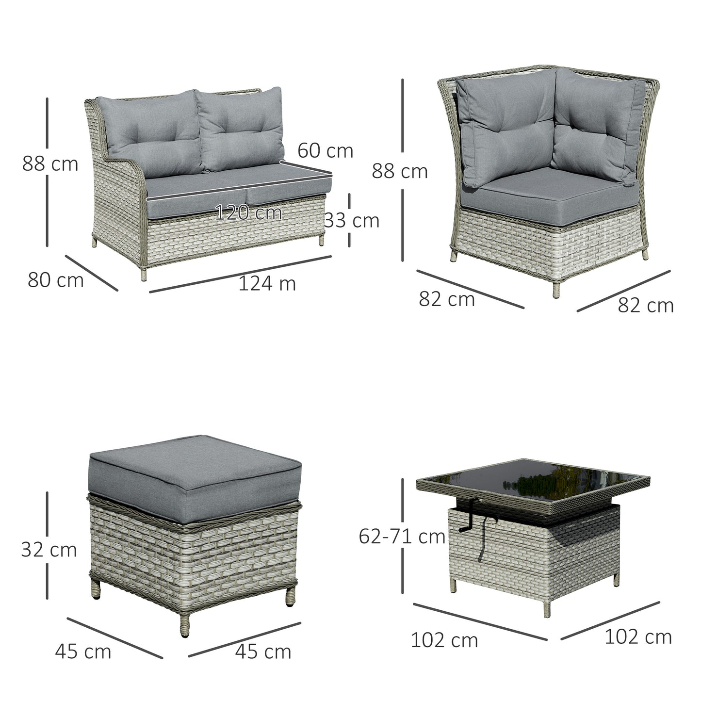 Outsunny 7-Seater Patio PE Rattan Corner Sofa w/ Adjustable Convertible Rising Table, Wicker Sectional Conversation Furniture w/ Cushions, Grey