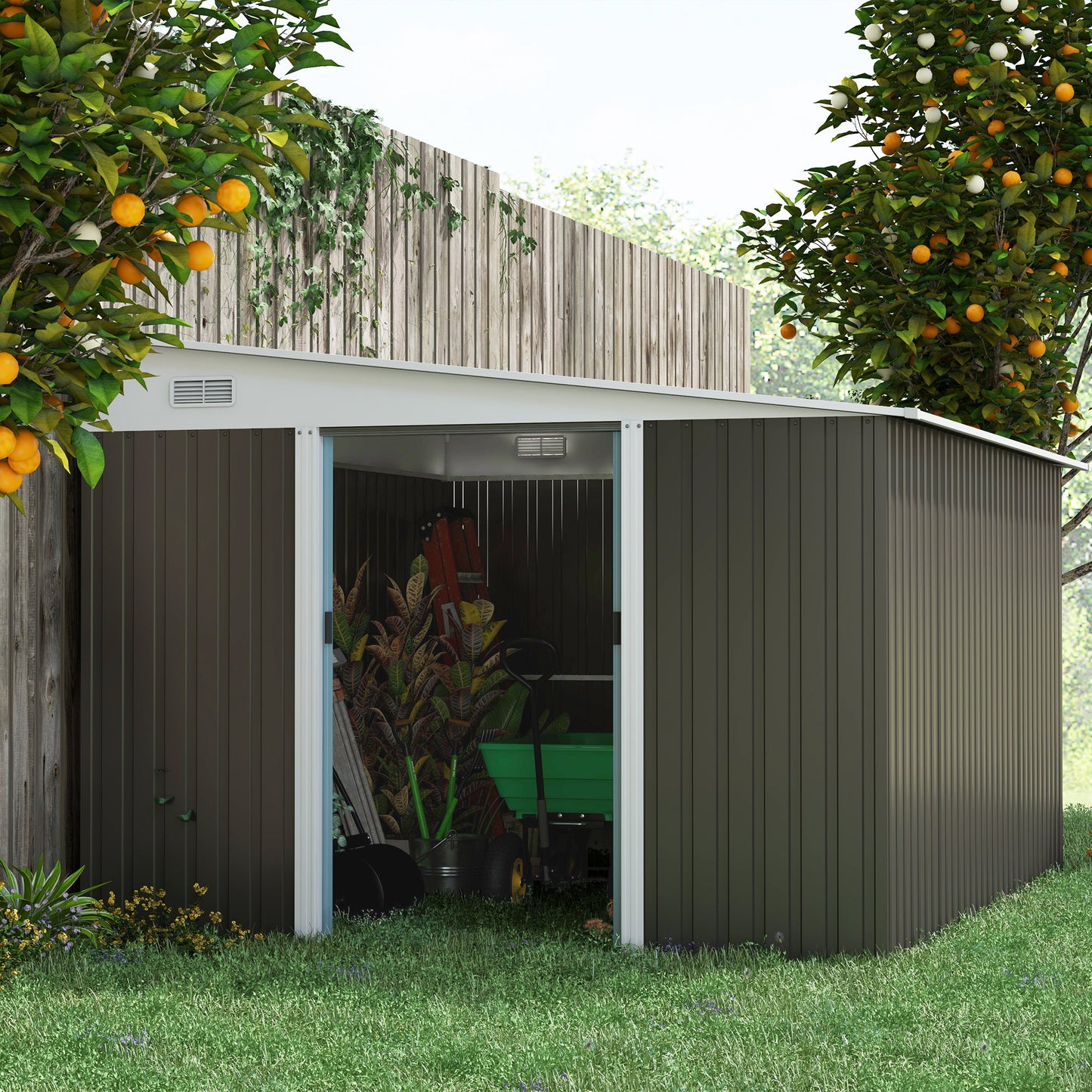 Outsunny 11 x 9 ft Metal Garden Storage Shed Sloped roof Tool House with Double Sliding Doors and 2 Air Vents, Grey