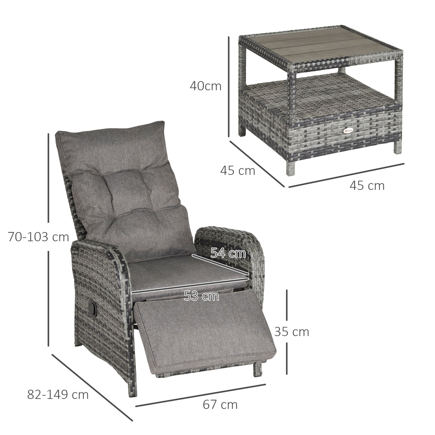 Outsunny 2 Seater Patio Rattan Wicker Chaise Lounge Sofa Set Bistro Conversation Furniture with Cushion for Patio Yard Porch Mixed Grey