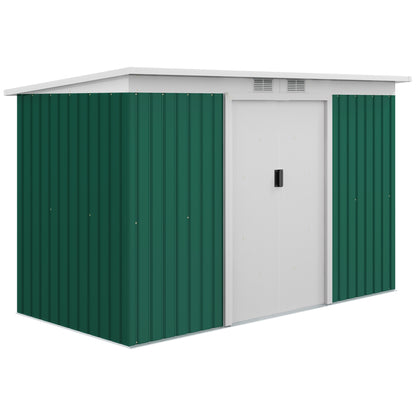 Outsunny 9ft x 4.25ft Corrugated Garden Metal Storage Shed Outdoor Equipment Tool Box with Foundation Ventilation & Doors Deep Green