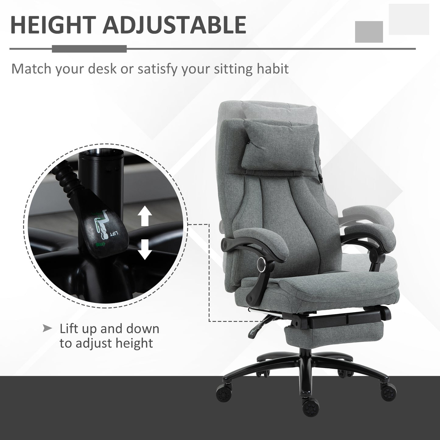 Vinsetto Ergonomic Office Chair with 2-Point Vibration Massage Pillow, USB Powered, Adjustable Height, Swivel, Grey | Chahine Milad UK