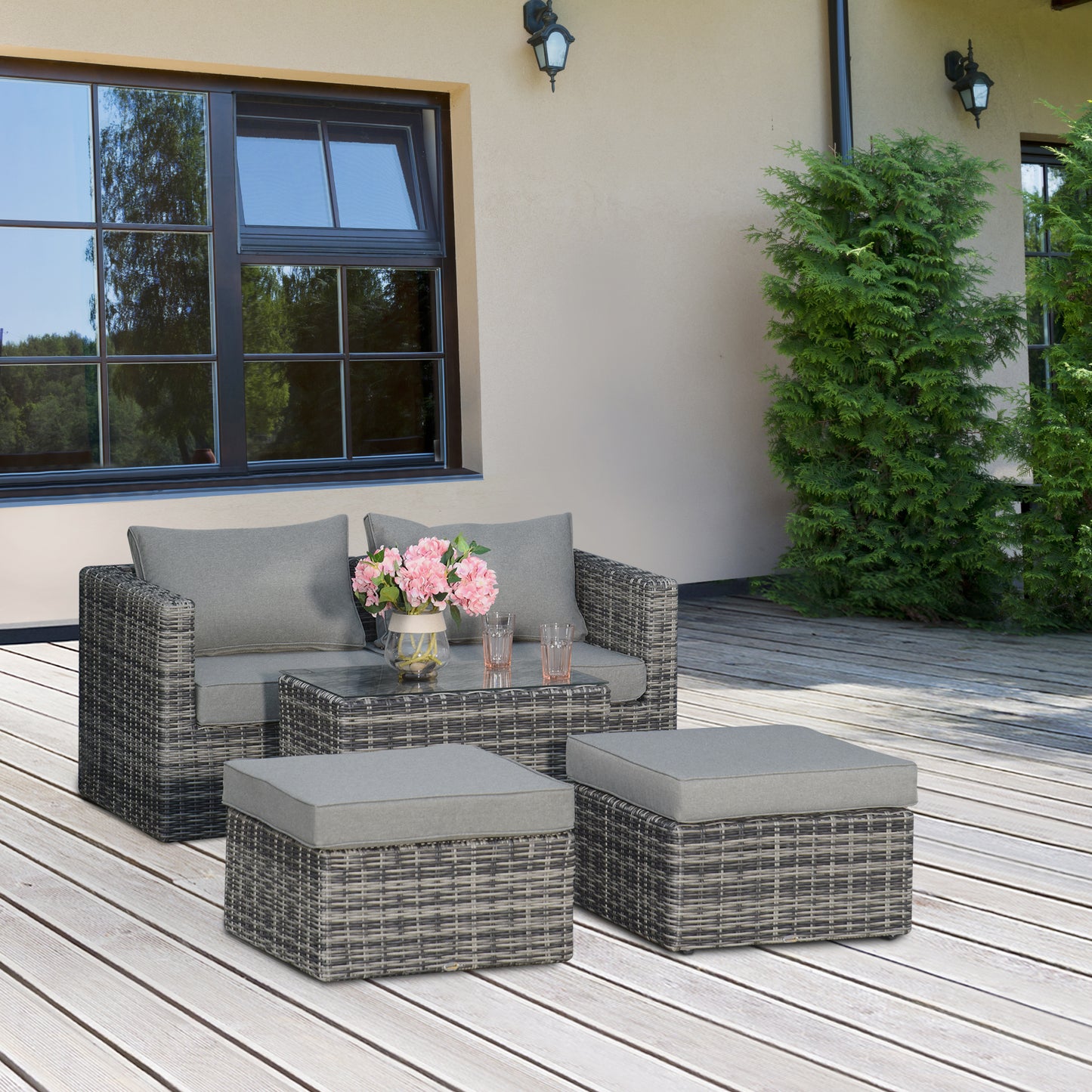 Outsunny 2 Seater Rattan Garden Furniture Set w/ Tall Glass-Top Table Aluminium Frame Balcony Sofa, Mixed Grey