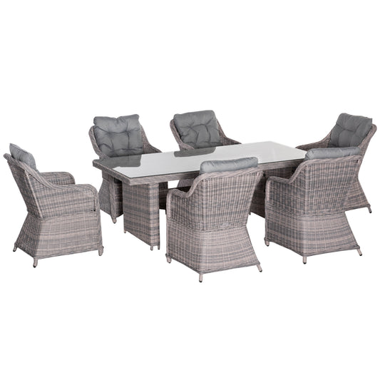 Outsunny 7 PCS Outdoor PE Rattan Dining Table Set, Patio Wicker Aluminium Chair Furniture w/ Tempered Glass Table Top, Grey