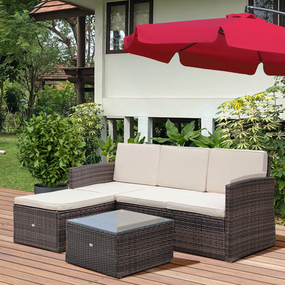 Outsunny 4-Seater Rattan Garden Furniture Outdoor Patio Corner Sofa and Coffee Table Set Footstool w/ Thick Cushions, Brown