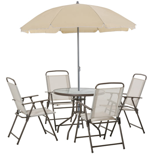 Outsunny Garden Patio Texteline Folding Chairs Plus Table and Parasol Furniture Bistro Set - Beige (6-Piece)