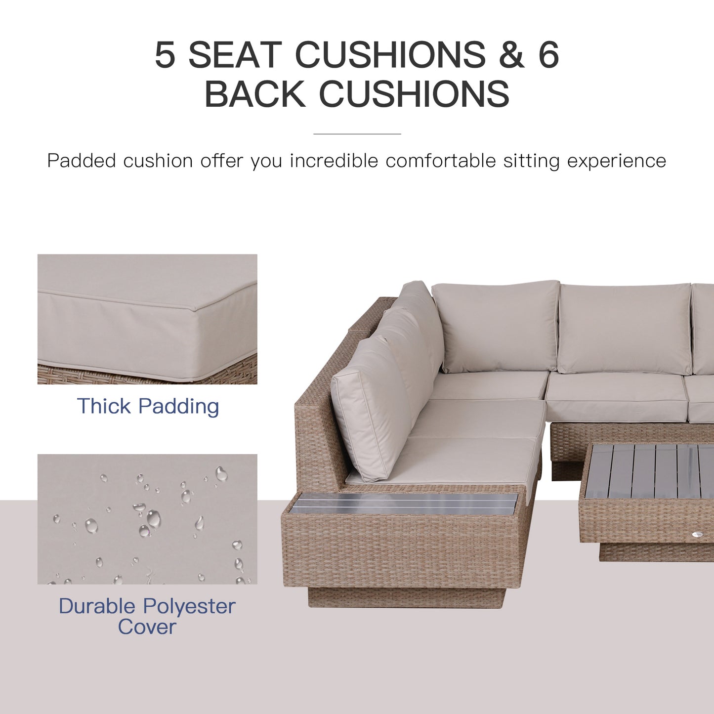 Outsunny 5-Seater Rattan Garden Furniture Outdoor Sectional Corner Sofa and Coffee Table Set  Conservatory Wicker Weave w/ Armrest Cushions, Beige