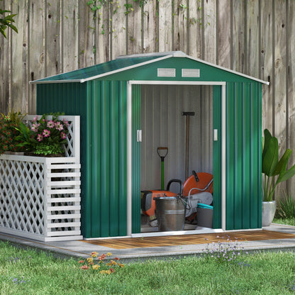 Outsunny 7ft x 4ft Lockable Garden Shed Large Patio Roofed Tool Metal Storage Building Foundation Sheds Box Outdoor Furniture, Green