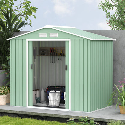 Outsunny 7ft x 4ft Lockable Garden Metal Storage Shed Large Patio Roofed Tool Storage Building Foundation Sheds Box, Light Green