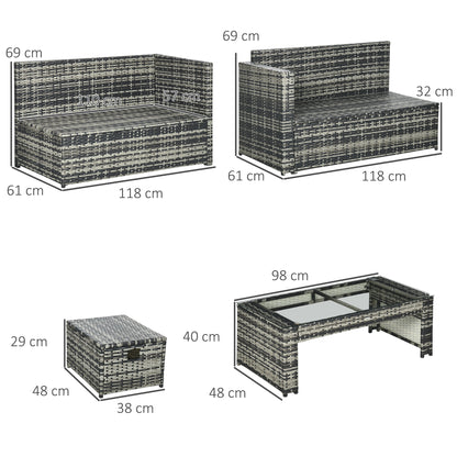 Outsunny 6 Piece Rattan Garden Furniture Set, 8-Seater Outdoor Sofa Sectional with 3 Cushioned Loveseat 2 Footstools Table, Grey