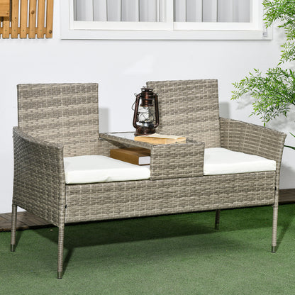 Outsunny Garden Loveseat 2 Seater Rattan Chair for Garden Outddor, with Glass-top Middle Table, Padded Cushions, Grey | Chahine & Milad UK