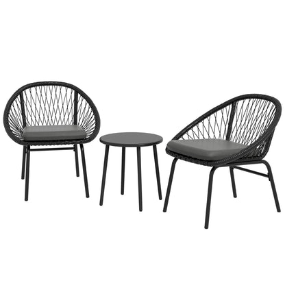 Outsunny 3 Piece Garden Furniture Set with Cushions, Round PE Rattan Bistro Set w/ 2 Armchairs & Metal Plate Coffee Table