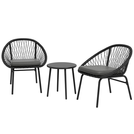 Outsunny 3 Piece Garden Furniture Set with Cushions, Round PE Rattan Bistro Set w/ 2 Armchairs & Metal Plate Coffee Table