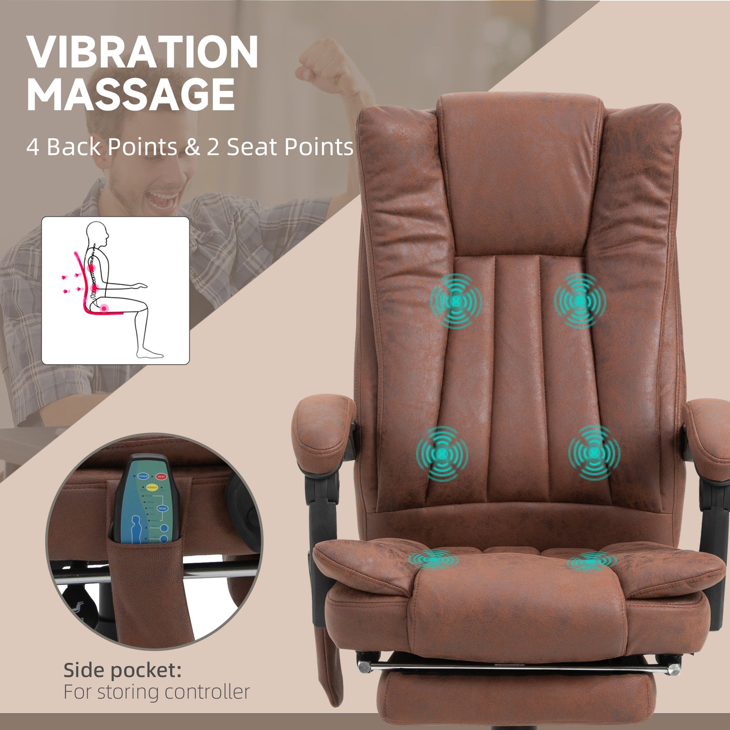 Vinsetto High Back Vibration Massage Office Chair, Heated Reclining Leathaire Fabric Computer Chair with Footrest, Brown