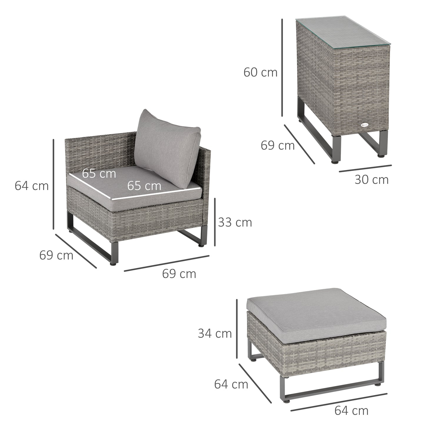 Outsunny 2 Seater Patio Rattan Wicker Sofa Set Chaise Lounge Double Sofa Bed Furniture w/ Coffee Table & Footstool for Patios, Garden, Backyard, Grey