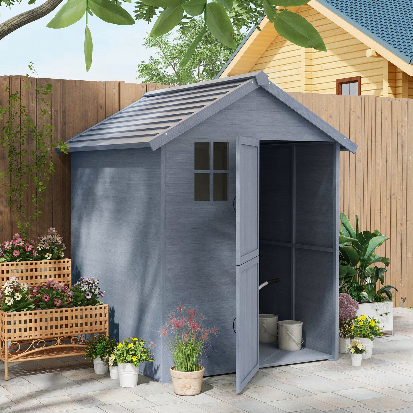 Outsunny 6 x 6.5FT Wooden Shed, Floor Included Garden Storage Shed with Waterproof Apex Roof and Clear Window