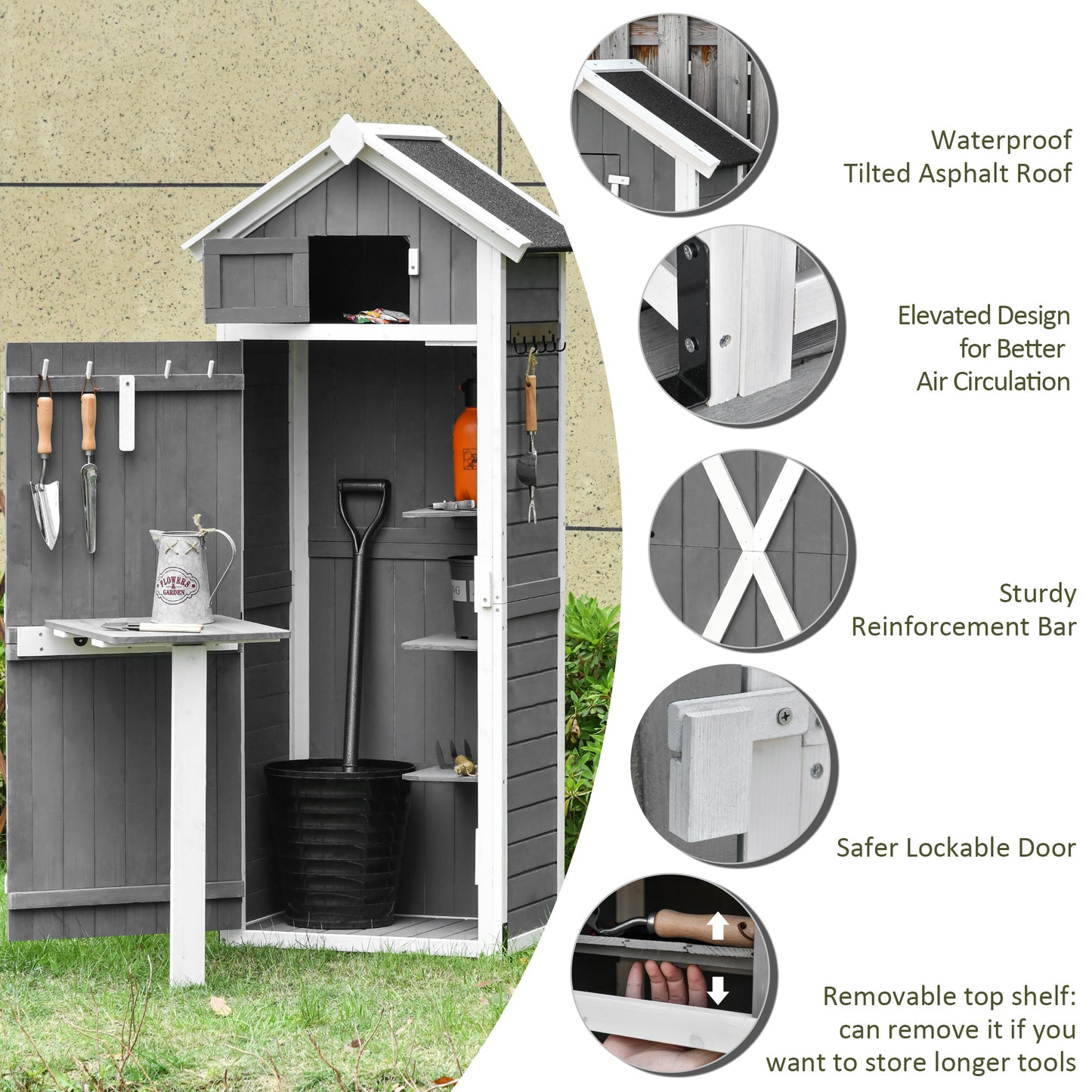 Outsunny Wooden Garden Storage Shed Multifunction Lockable Tool Cabinet Organizer w/ Workstation, 182 x 78 x 52.5 cm, Grey