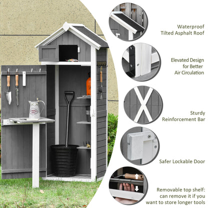 Outsunny Wooden Garden Storage Shed Multifunction Lockable Tool Cabinet Organizer w/ Workstation, 182 x 78 x 52.5 cm, Grey