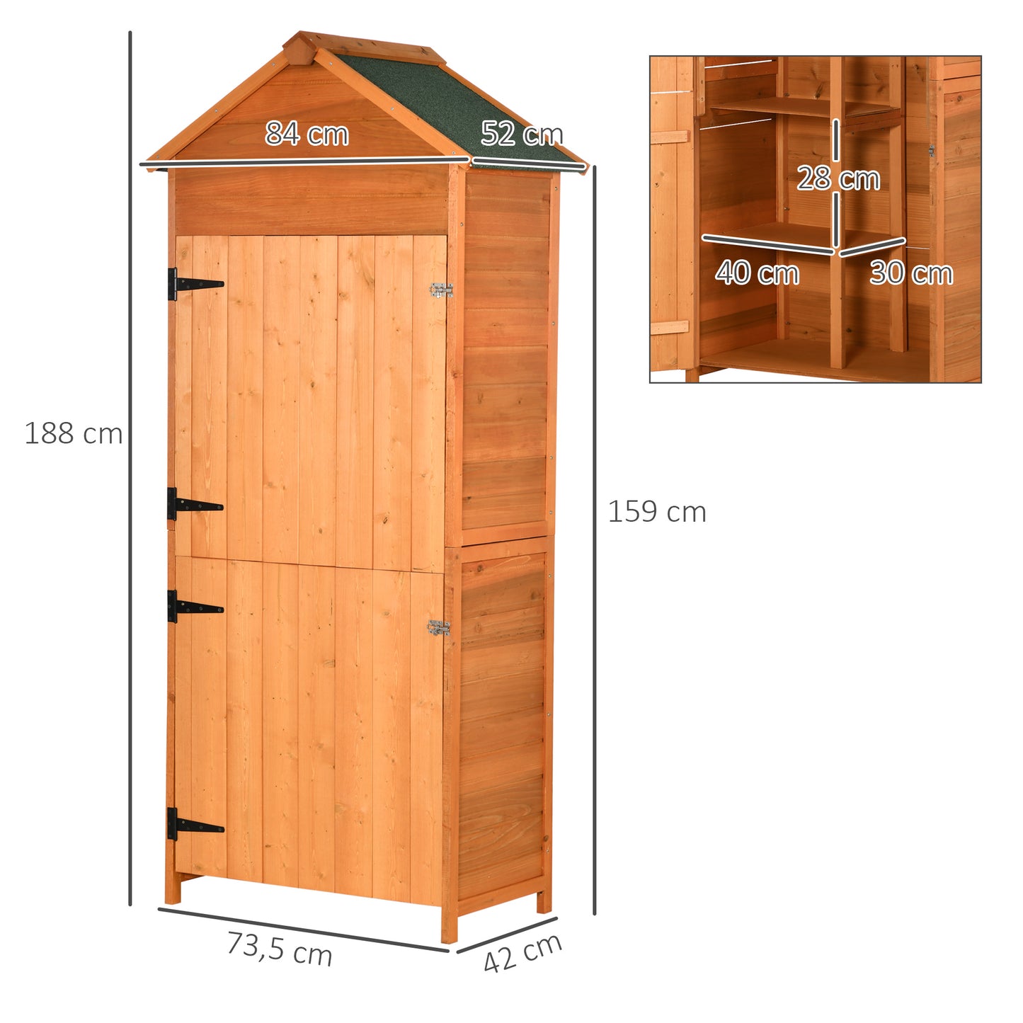 Outsunny 84 x 52cm Garden Shed 4-Tier Wooden Garden Outdoor Shed 3 Shelves Utility Gardener Cabinet Lockable Double Doors Tool Kit Storage